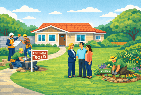 An illustration of a realtor, a man and woman, a group of construction workers, and a gardener, all in front of a single story house.