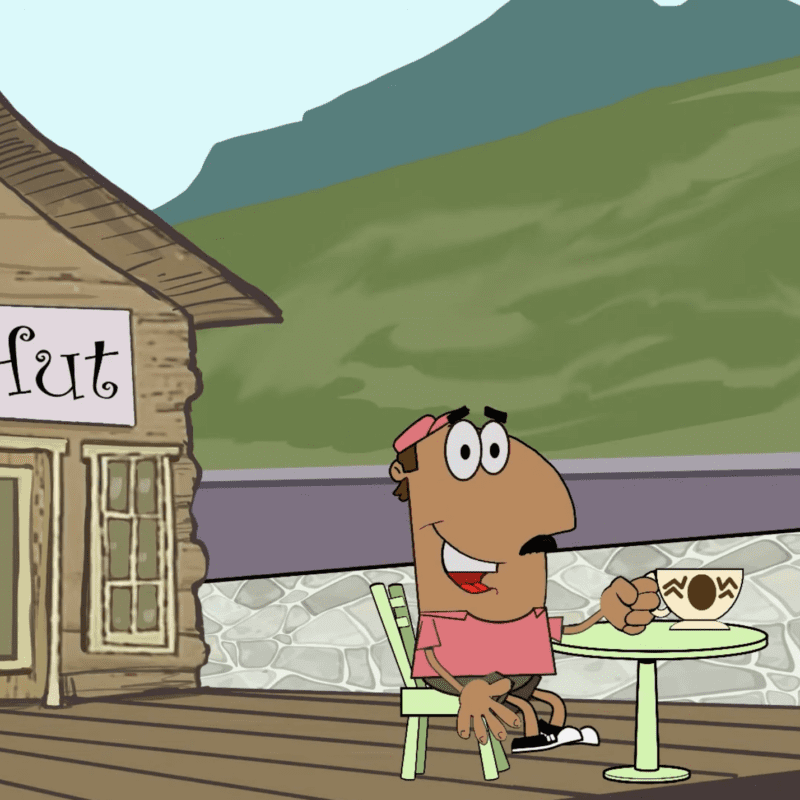 Animated man sitting at table