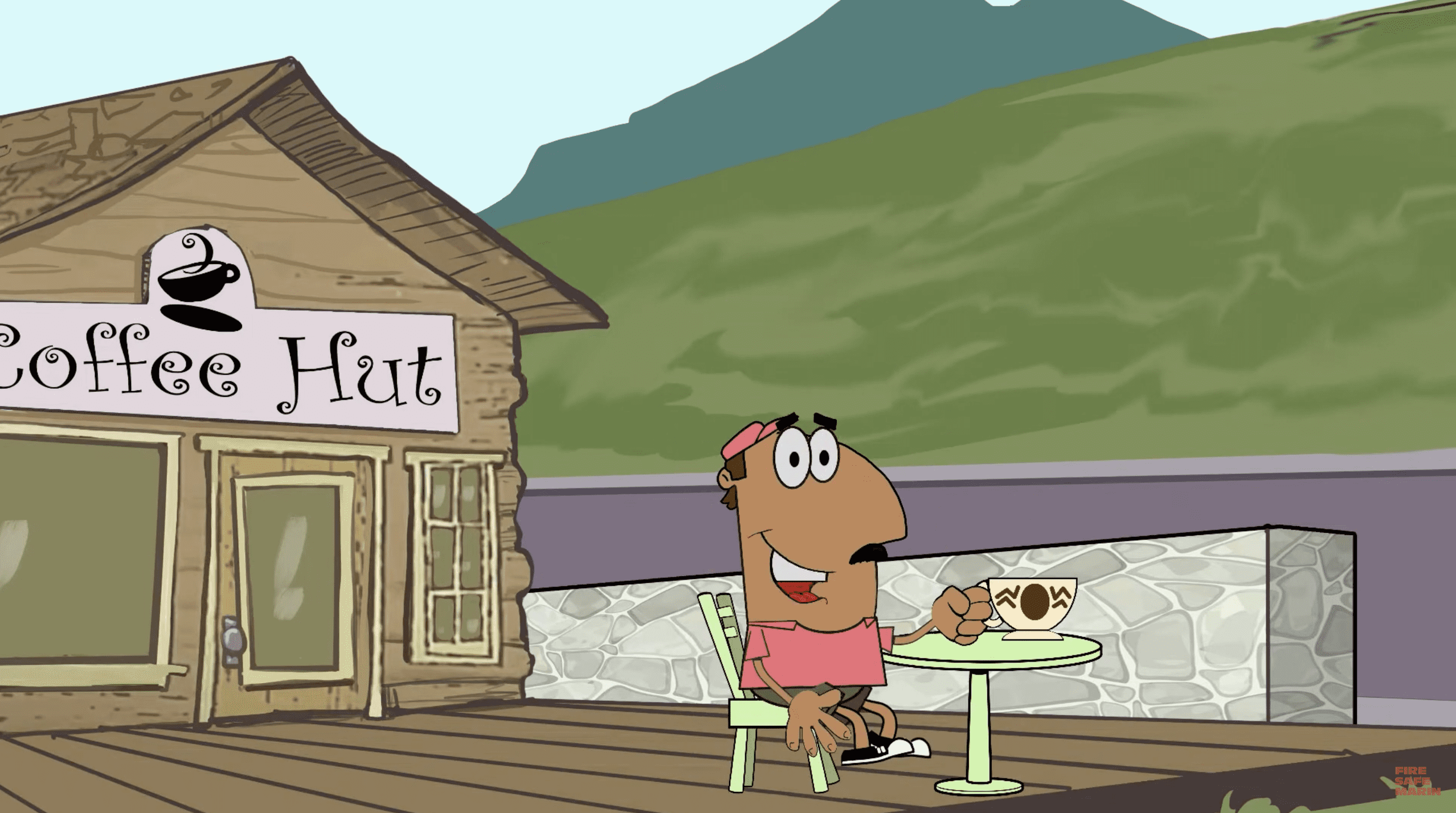 Animated man sitting at table