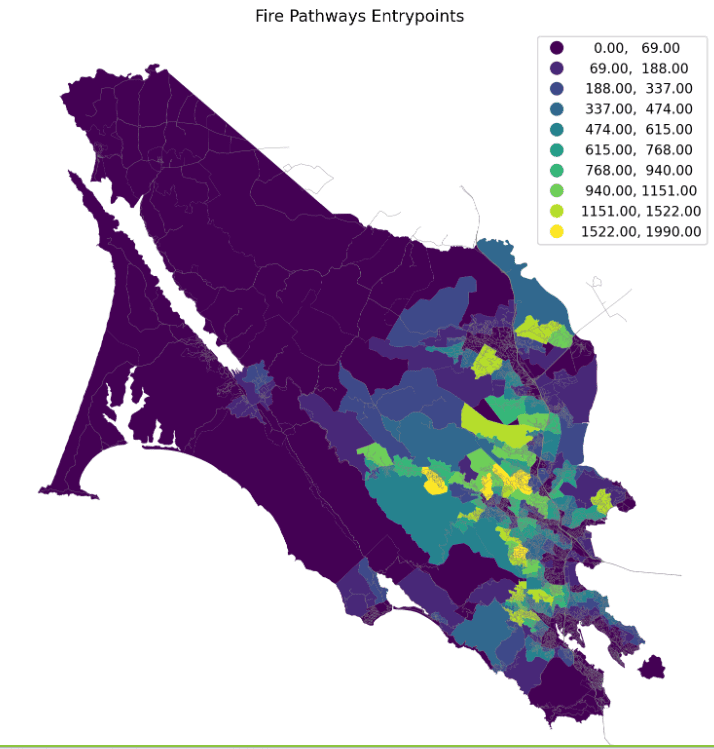 Map of Marin County with color coded areas of fire risk.
