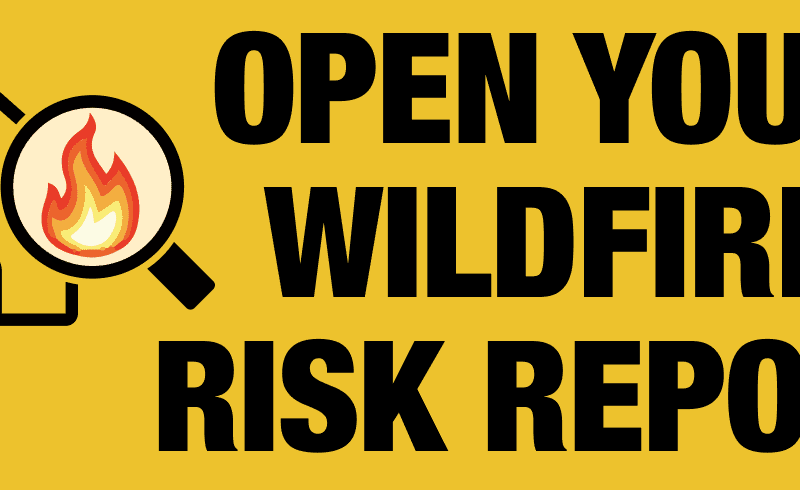 House icon with magnifier glass with flame. "open your wildfire risk report"